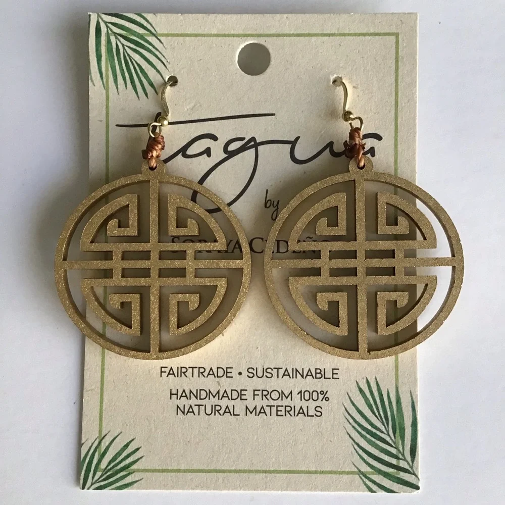 NEW Medallion Earrings Asian-Style Matte Gold Open Work Tagua Nut Lightweight - Picture 15 of 15